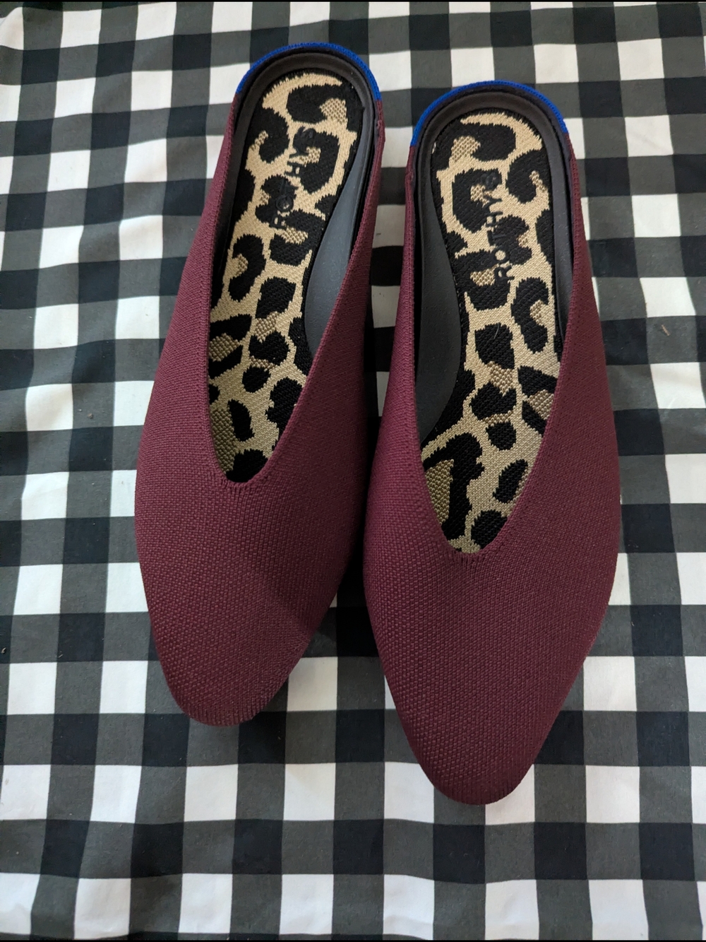 Rothy's Burgundy Pointed Knit Mules with Leopard Insole